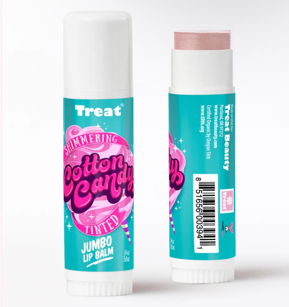 Treat Jumbo Lip Balm cruelty-free logo with shimmering cotton candy color