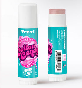 Treat Jumbo Lip Balm cruelty-free logo with shimmering cotton candy color