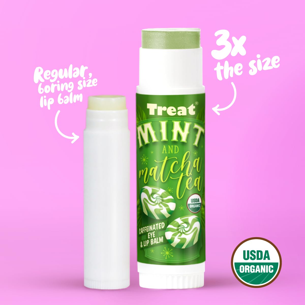 Treat Jumbo Organic Lip Balm matcha tea scent close-up for refreshing lips