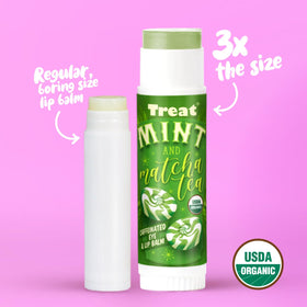 Treat Jumbo Organic Lip Balm matcha tea scent close-up for refreshing lips