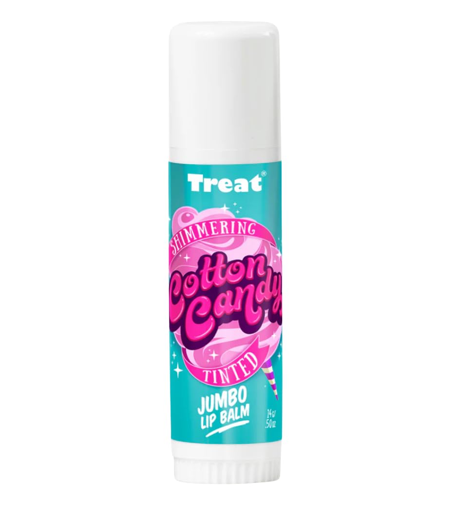 Treat Jumbo Tinted Lip Balm Cotton Candy swatch on lips for radiant shimmer