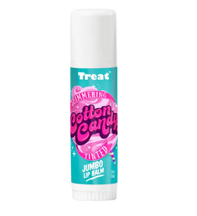 Treat Jumbo Tinted Lip Balm Cotton Candy swatch on lips for radiant shimmer