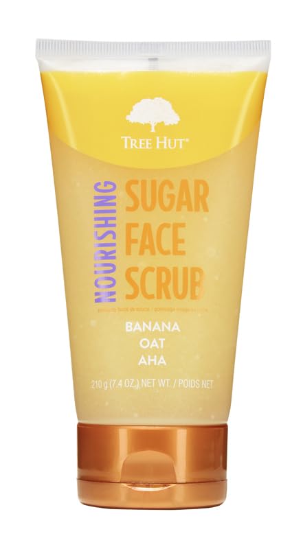 Tree Hut Nourishing Banana & Oat Face Scrub bottle for deep pore cleansing.