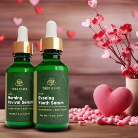 Tree of Life Beauty Evening Serum bottle close-up, overnight hydration potential for smoother skin.