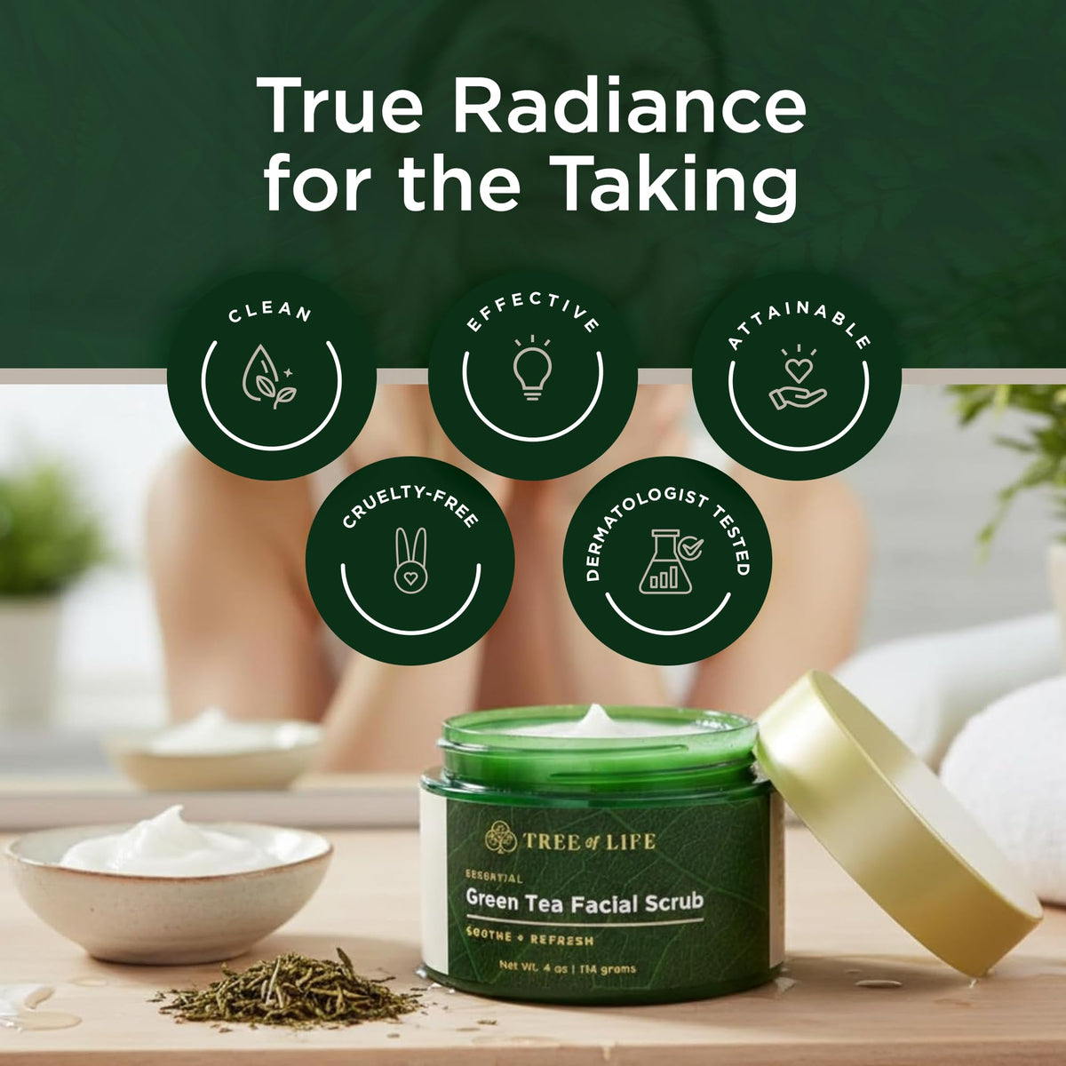Tree of Life Exfoliating Scrub after-use glow on skin.