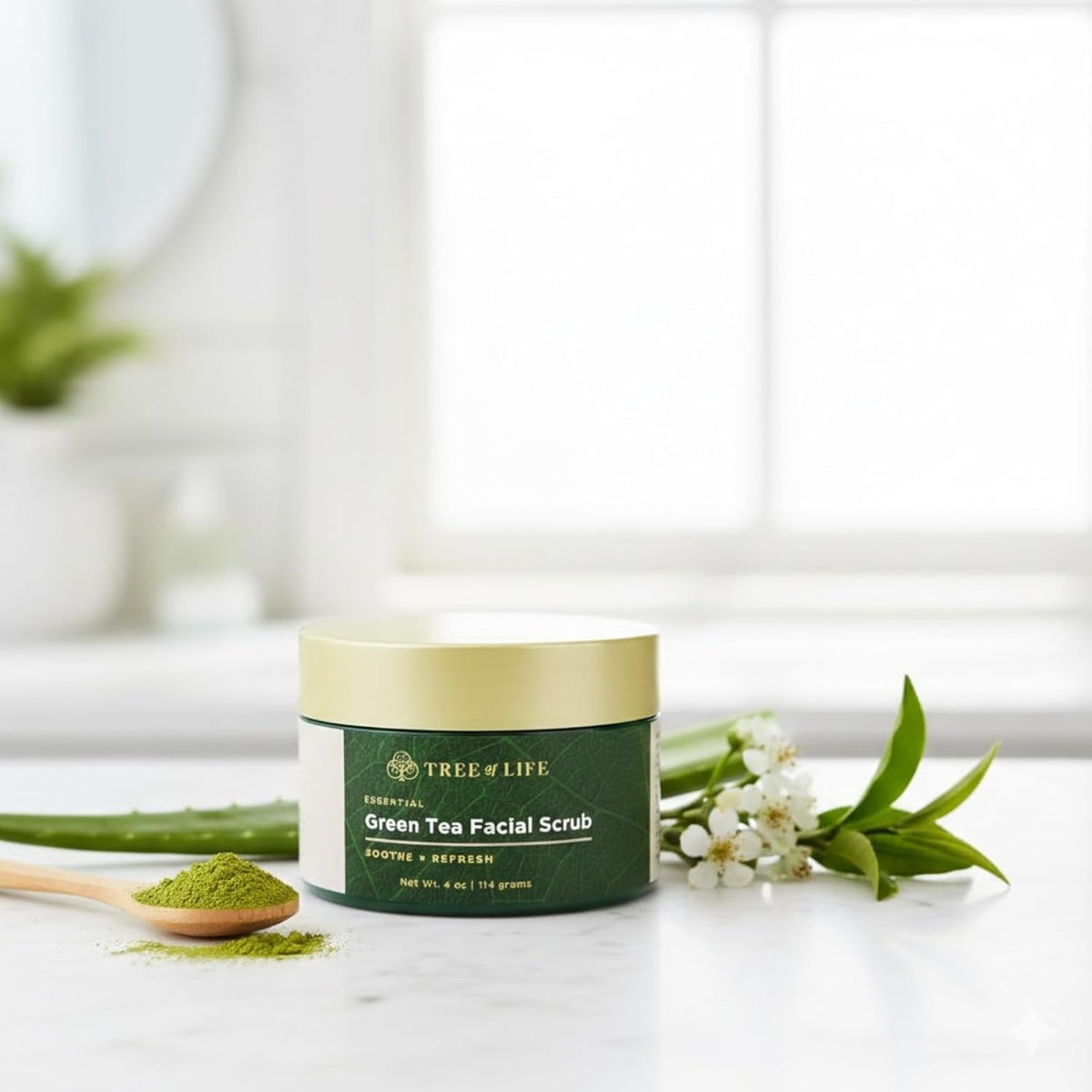 Tree of Life Exfoliating Scrub with green-tea scent offers refreshing aroma.