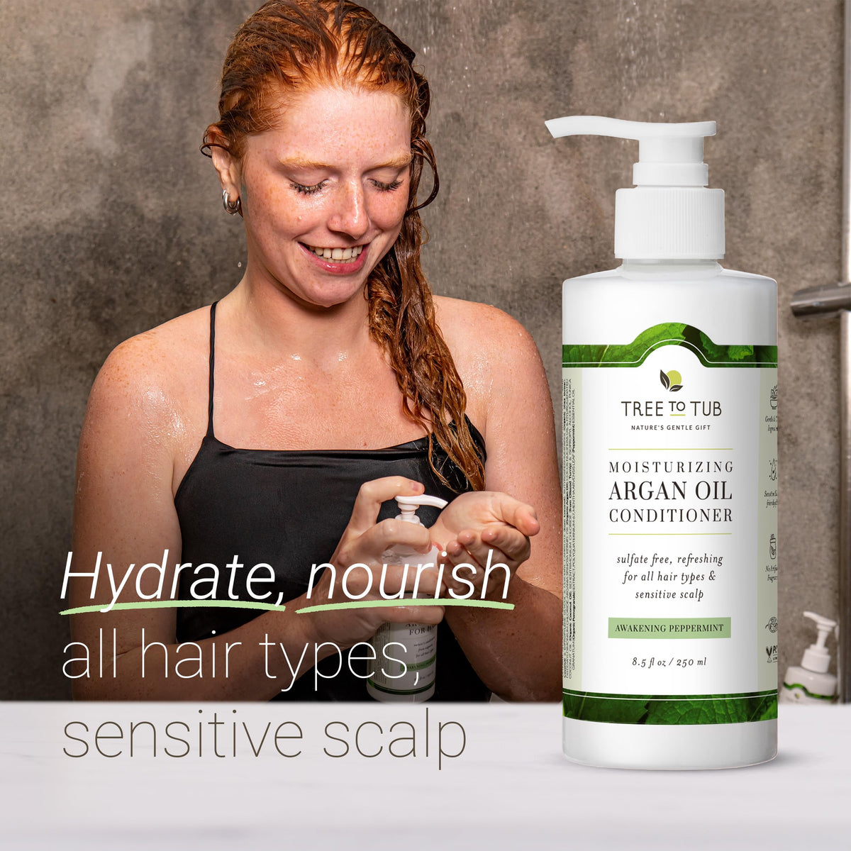 Tree To Tub argan oil conditioner pump demonstrates easy application and refreshing fragrance.