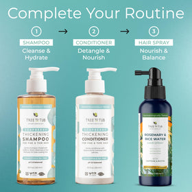 Tree To Tub thickening shampoo on a vanity for daily styling routine.