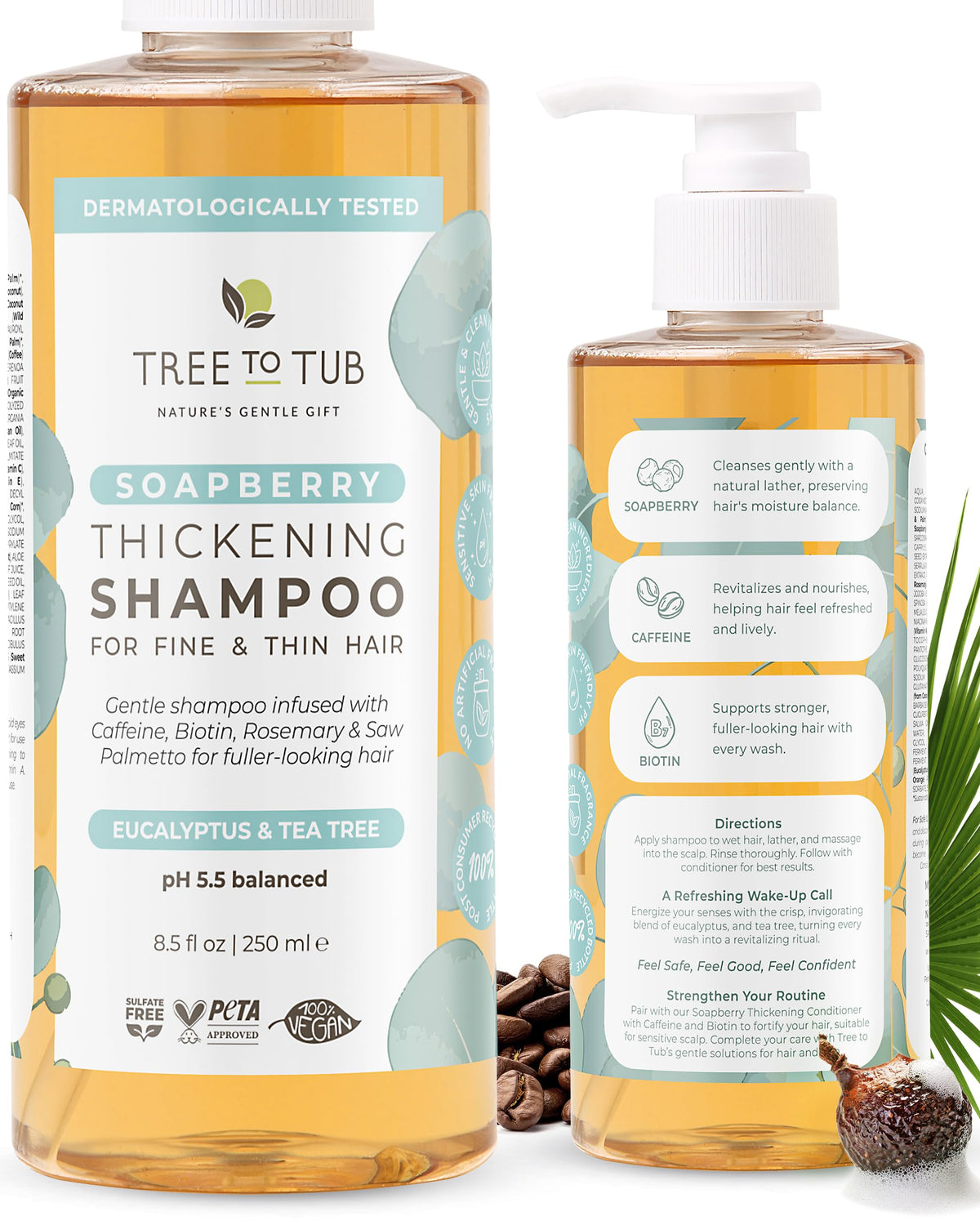 Tree To Tub Biotin thickening shampoo bottle pouring to volumize fine hair.