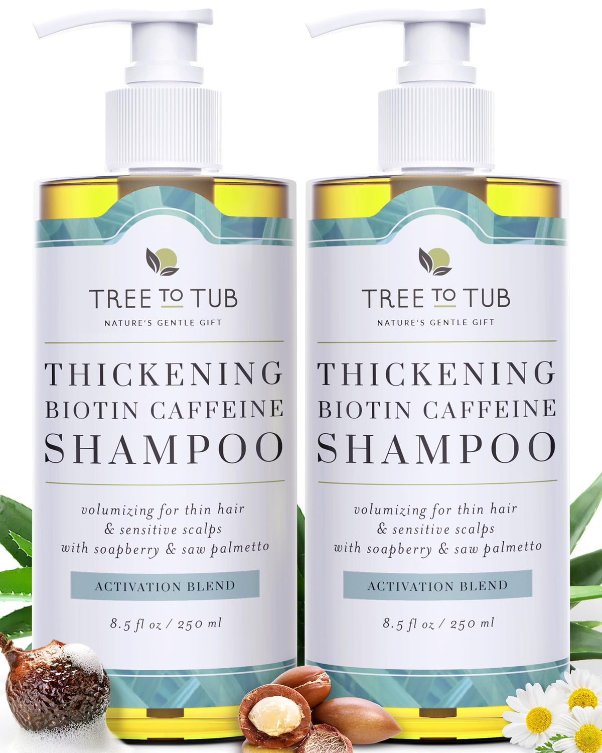 Tree To Tub Biotin Thickening Shampoo bottle showing volumizing effect for fine hair.