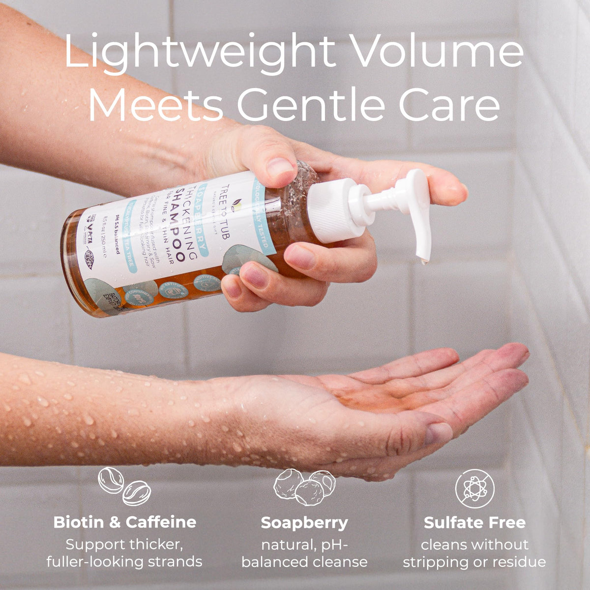 Tree To Tub bottle label highlights argan oil and caffeine for vitality.