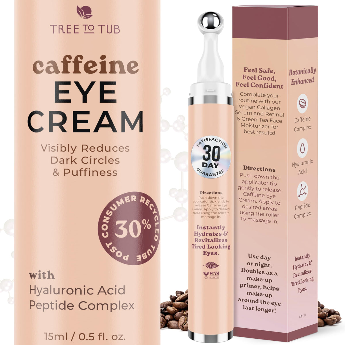 Tree To Tub Caffeine Eye Cream bottle provides hydrating under-eye care.