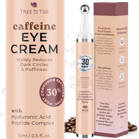 Tree To Tub Caffeine Eye Cream bottle provides hydrating under-eye care.