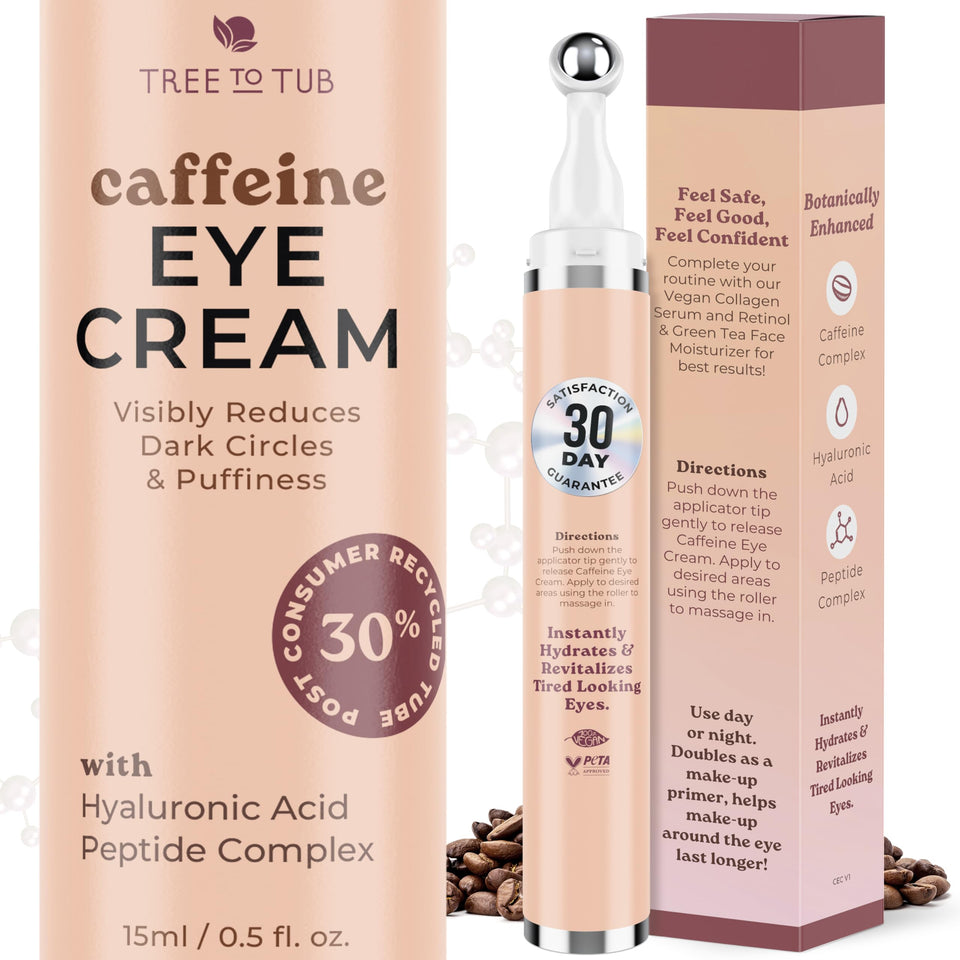 Tree To Tub Caffeine Eye Cream bottle provides hydrating under-eye care.