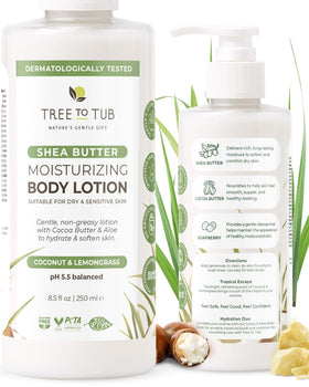 Tree To Tub Cocoa Butter Lotion bottle for sensitive skin delivering quick-absorbing hydration.