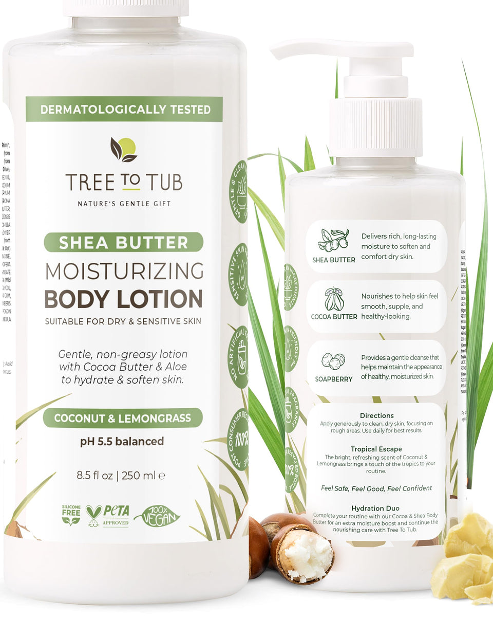 Tree To Tub Cocoa Butter Lotion bottle for sensitive skin delivering quick-absorbing hydration.