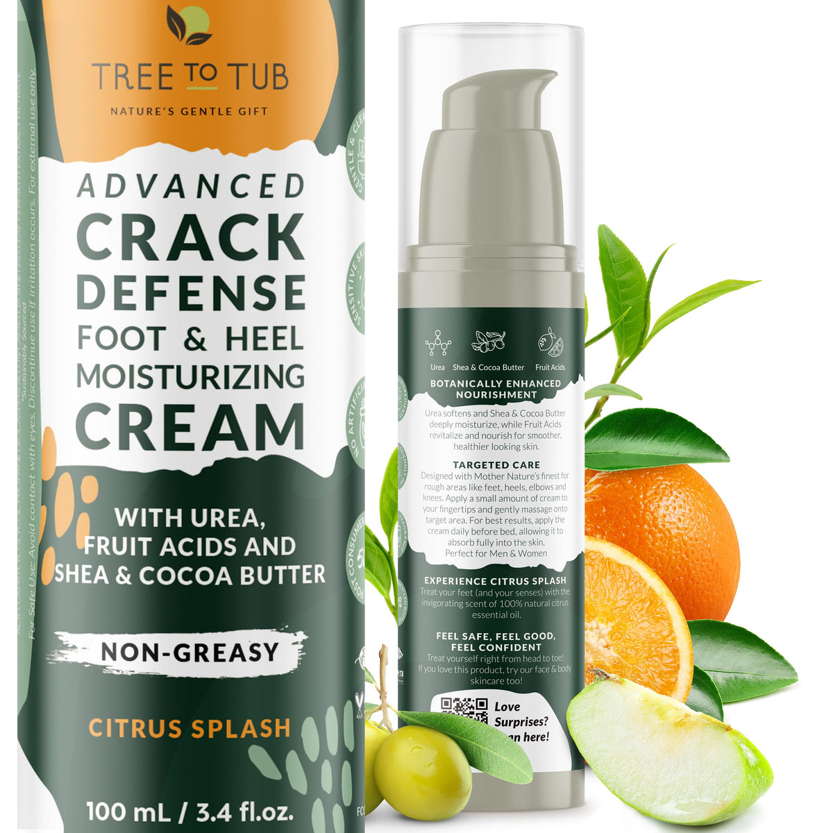 Tree To Tub Foot Cream bottle front, non greasy hydration for dry feet