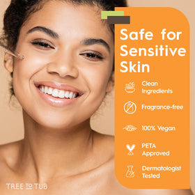 Tree To Tub Glow-ready routine shot with serum and skincare tools