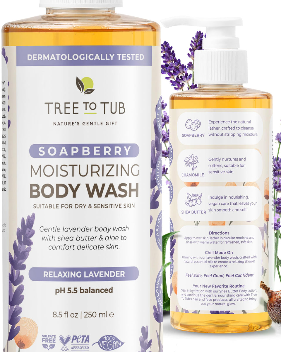 Tree To Tub Lavender Body Wash bottle with creamy lather for sensitive skin.