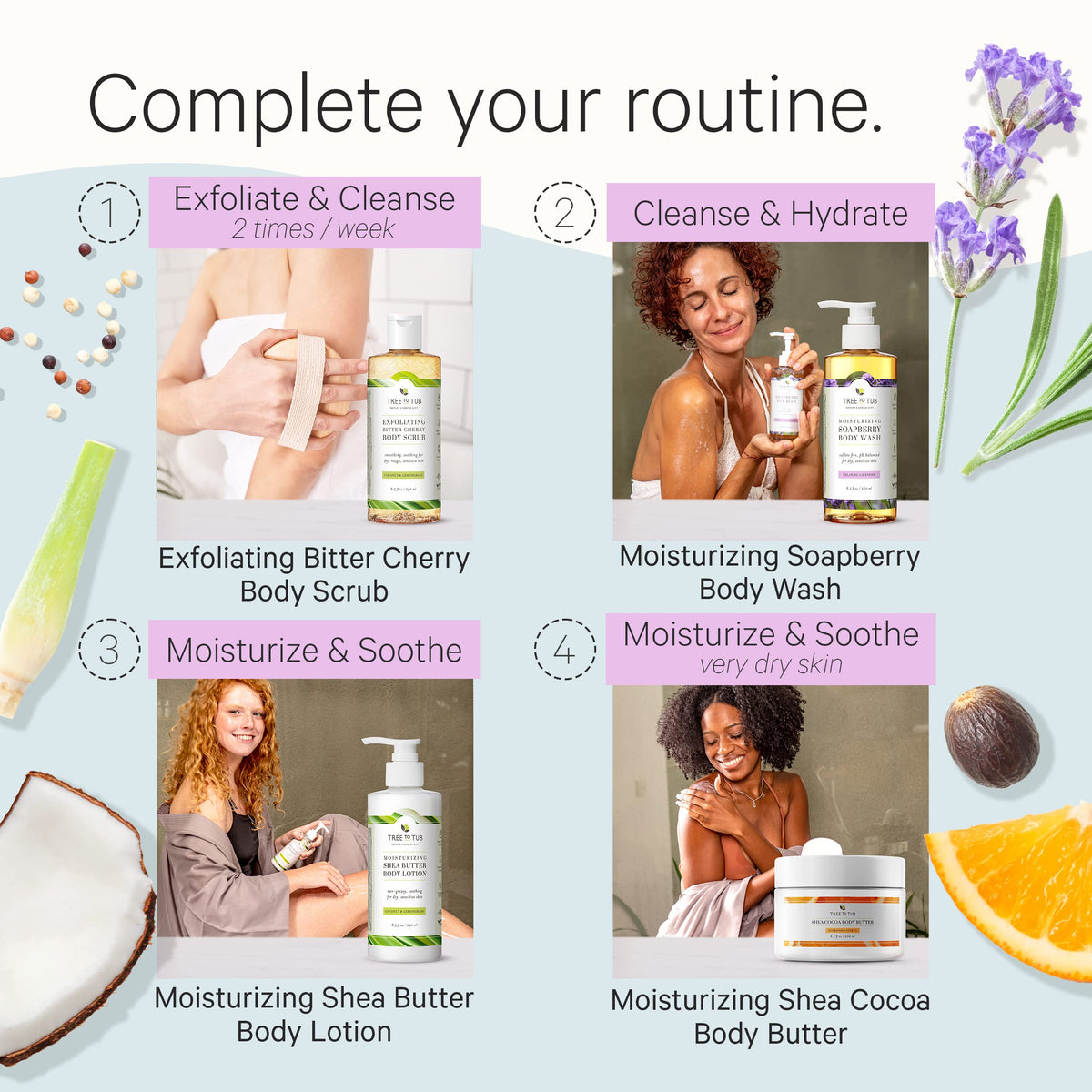 Relaxing lavender routine in a modern bathroom with Tree To Tub wash.
