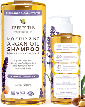 Tree To Tub Lavender Dry Hair Shampoo bottle calm, sensitive scalp benefit