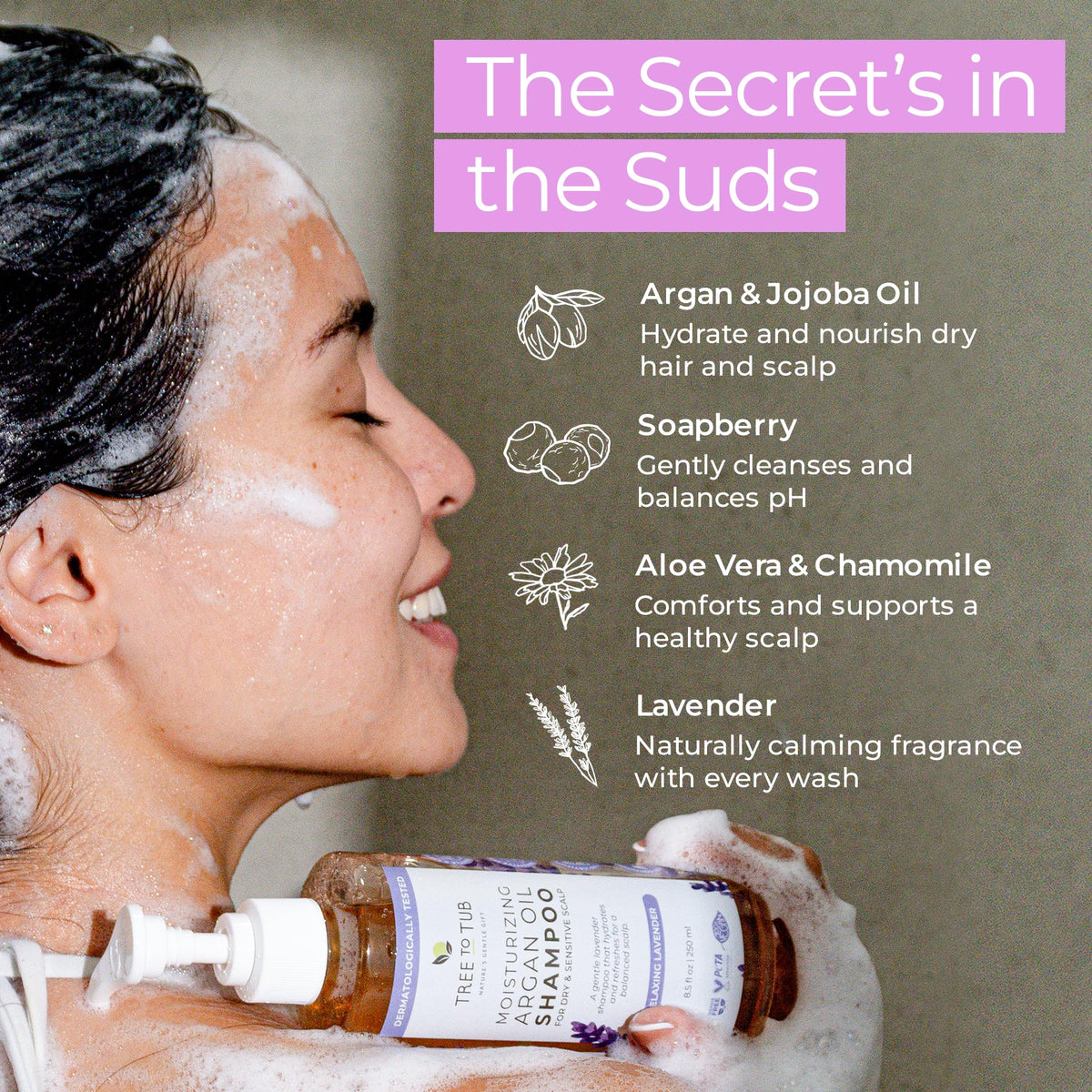 Tree To Tub Lavender Dry Hair Shampoo ingredients panel highlights argan oil, chamomile, and aloe for hydration