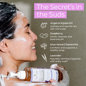 Tree To Tub Lavender Dry Hair Shampoo ingredients panel highlights argan oil, chamomile, and aloe for hydration