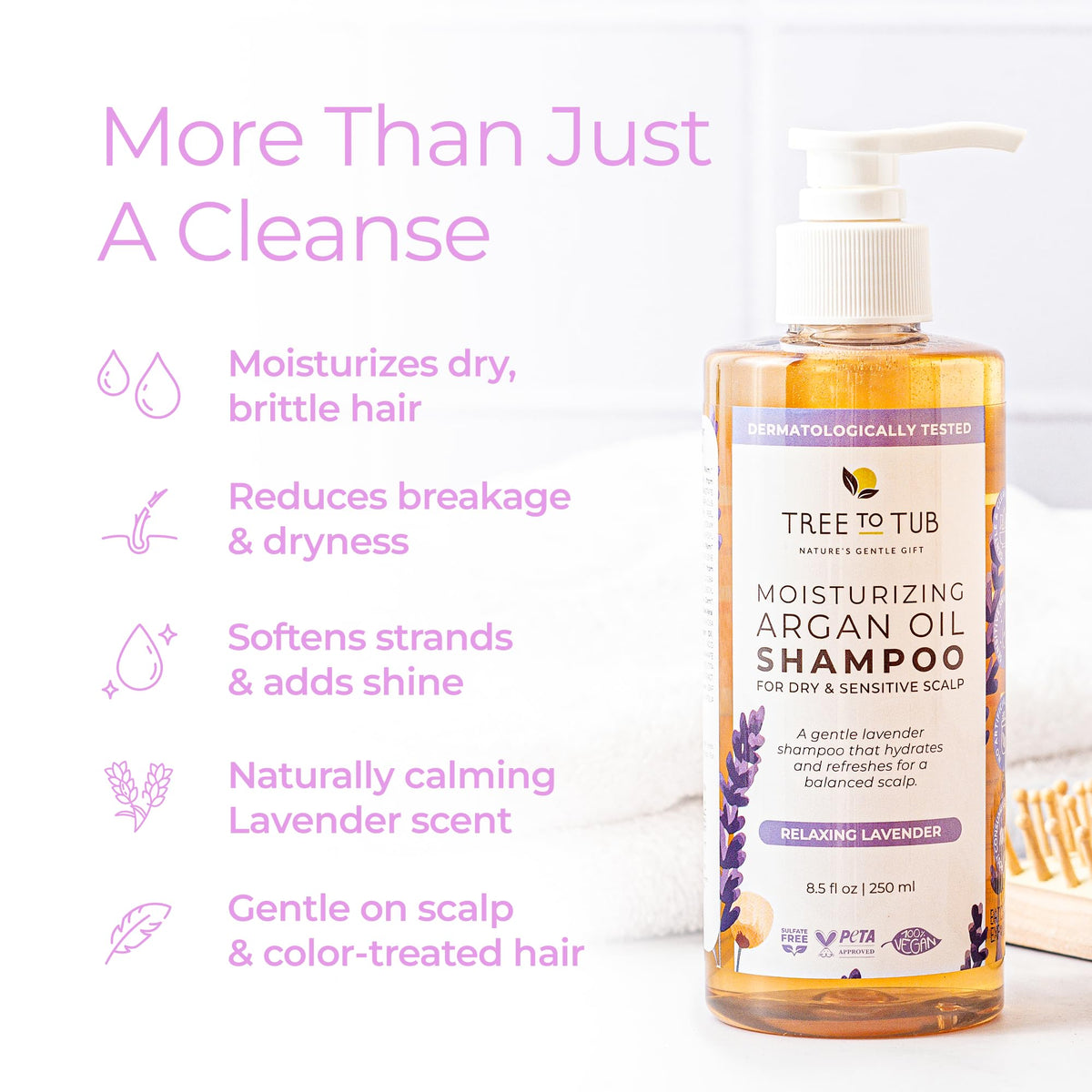 Tree To Tub Lavender Dry Hair Shampoo close-up with olive leaf extract for nourishment