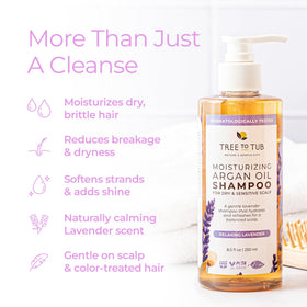 Tree To Tub Lavender Dry Hair Shampoo close-up with olive leaf extract for nourishment