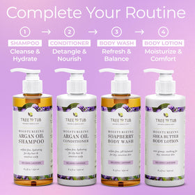 Tree To Tub Lavender Label closeup highlights organic aloe and argan oil.
