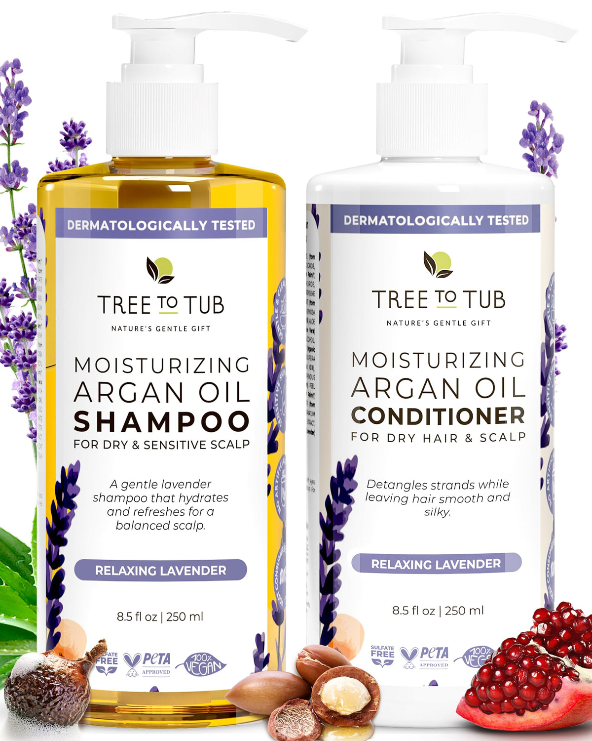 Tree To Tub Lavender Shampoo bottle shows hydrating formula for dry, frizzy hair.