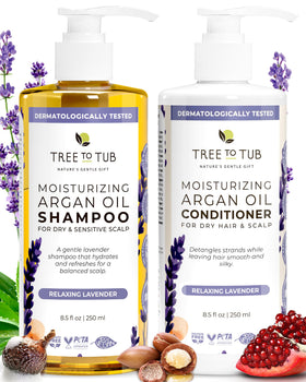 Tree To Tub Lavender Shampoo bottle shows hydrating formula for dry, frizzy hair.