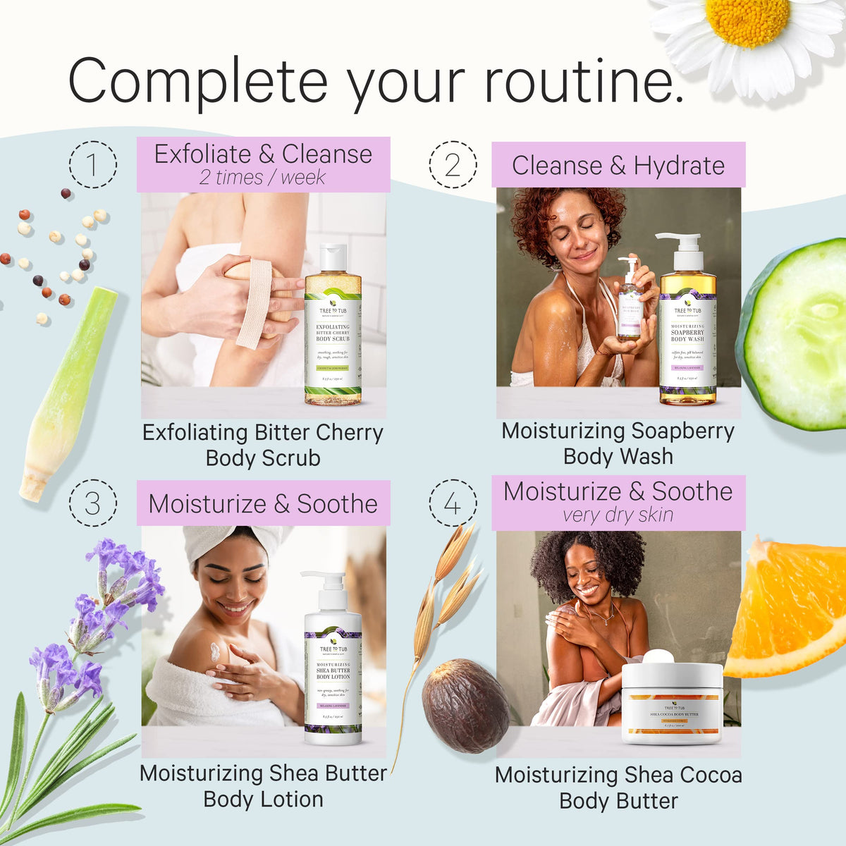 All-natural oats and cocoa butter in Tree To Tub lotion for hydration