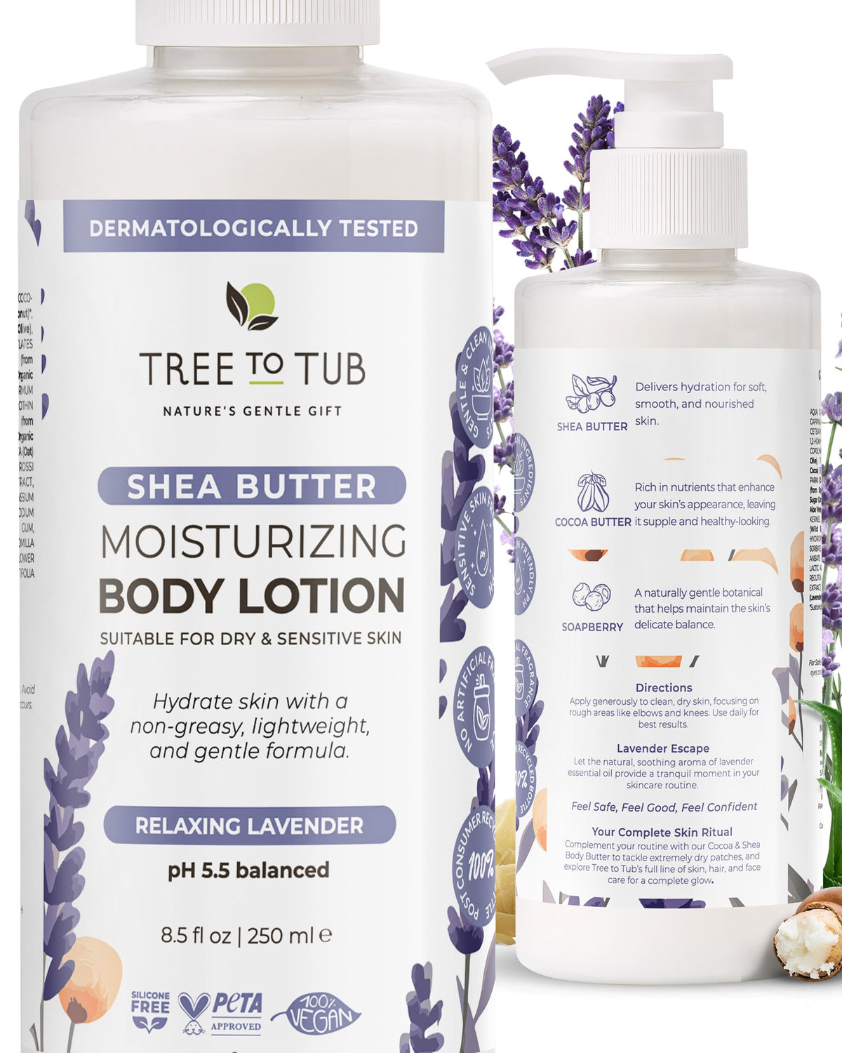 Tree To Tub Lavender Shea Butter Lotion jar showing rich hydration for dry skin