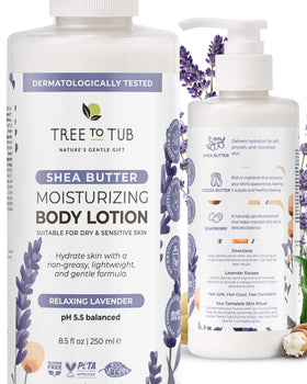 Tree To Tub Lavender Shea Butter Lotion jar showing rich hydration for dry skin