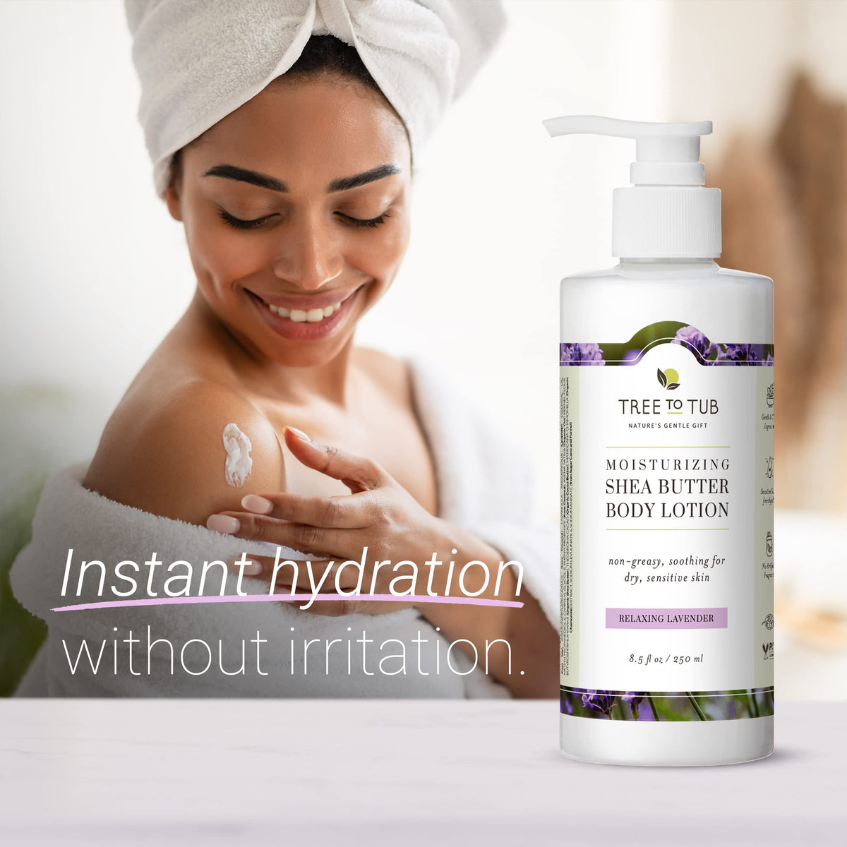 Tree To Tub Lavender Shea Butter Lotion pump bottle for easy daily moisture