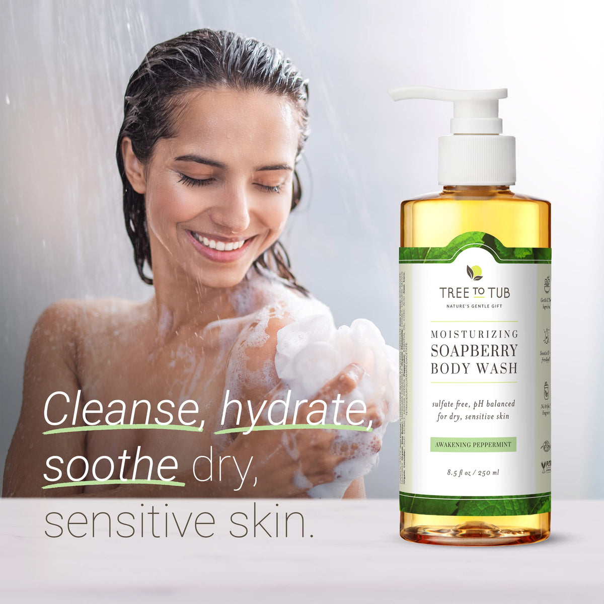 Tree To Tub Peppermint Body Wash rich lather delivering hydrating aloe and cucumber