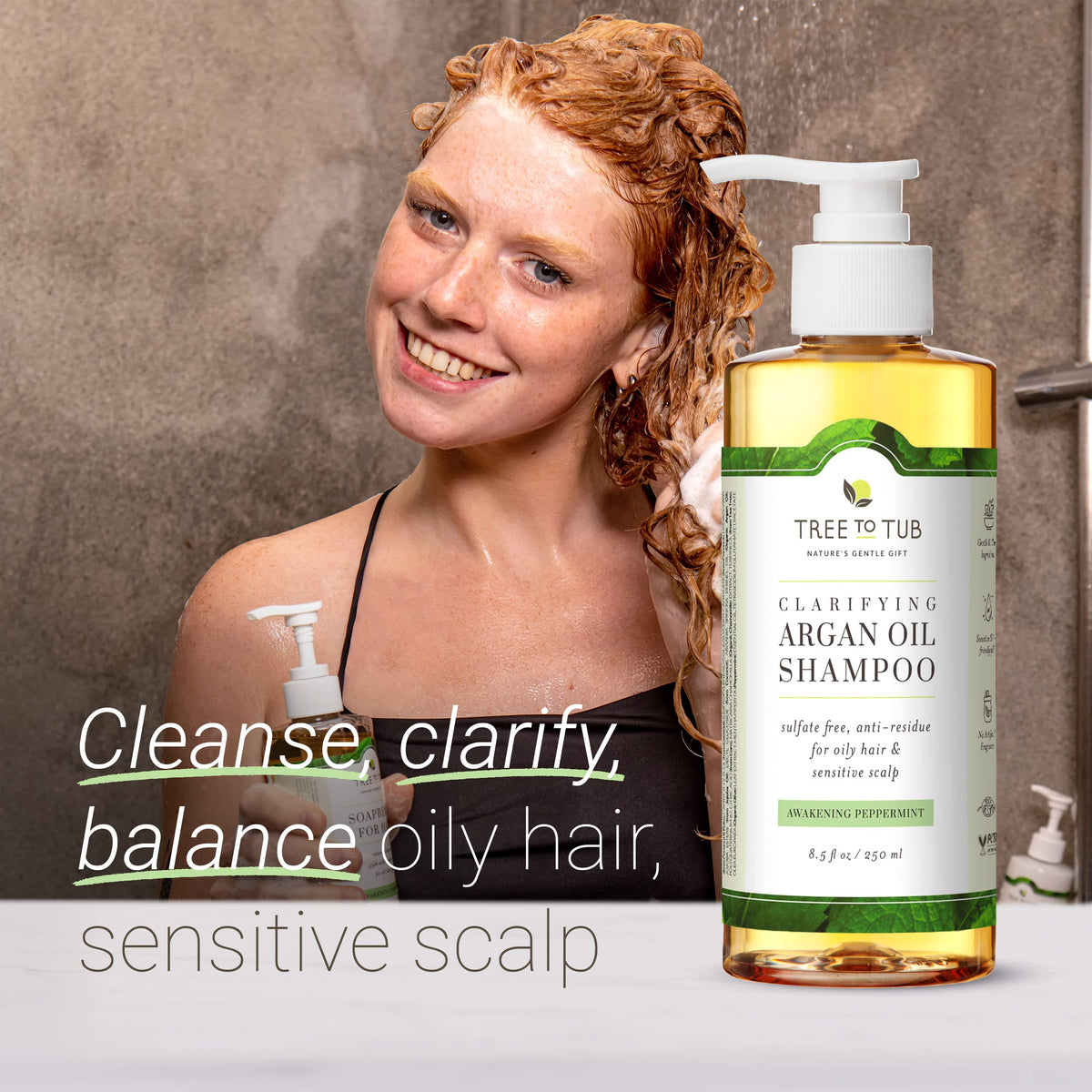 Tree To Tub Peppermint Shampoo label closeup highlights natural botanicals.