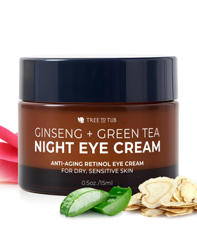 Tree To Tub Retinol Under Eye Cream bottle closeup for night care.