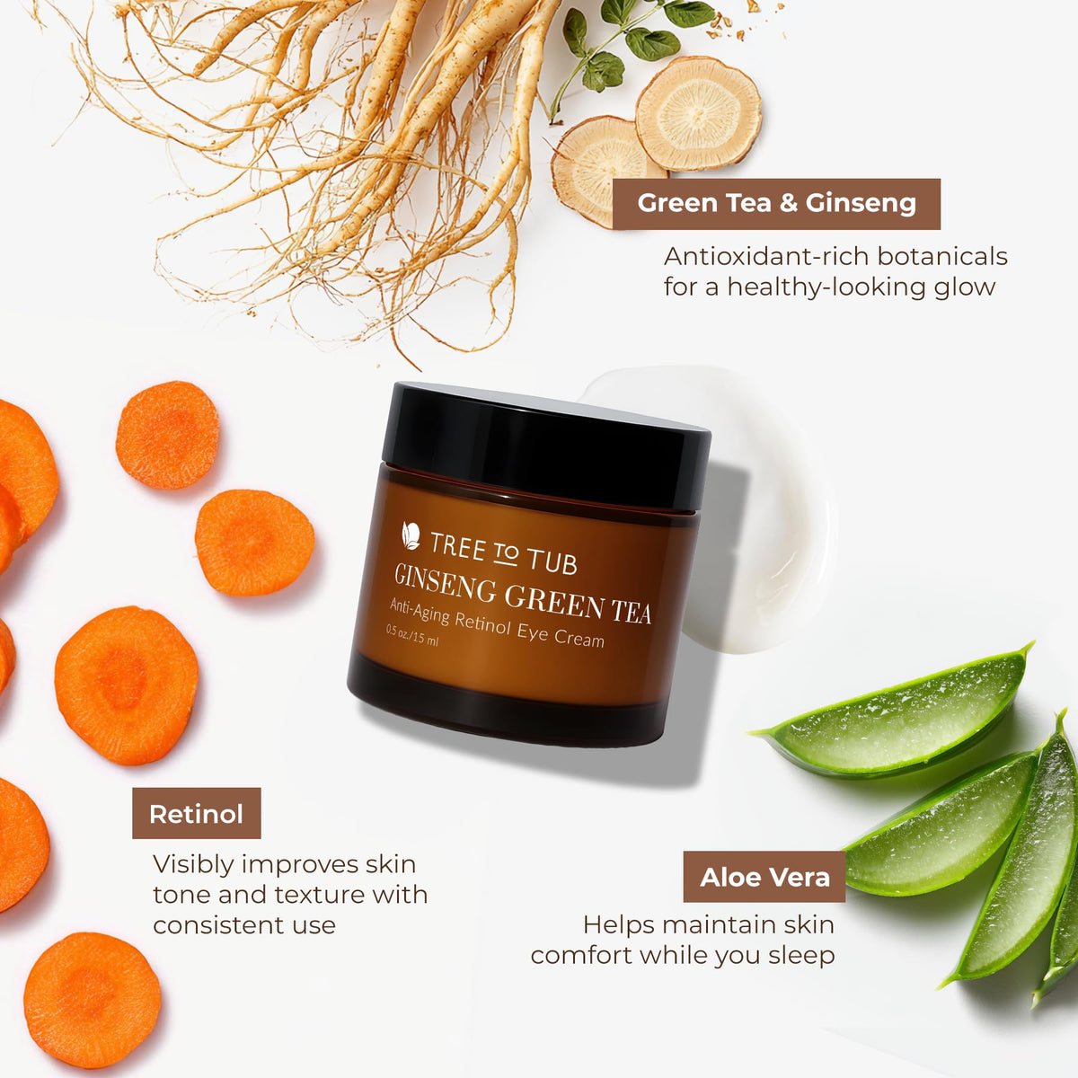 Tree To Tub Retinol Under Eye Cream on finger demonstrates creamy application.