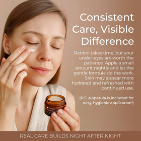 Tree To Tub Retinol Under Eye Cream shows green tea and ginseng imagery.