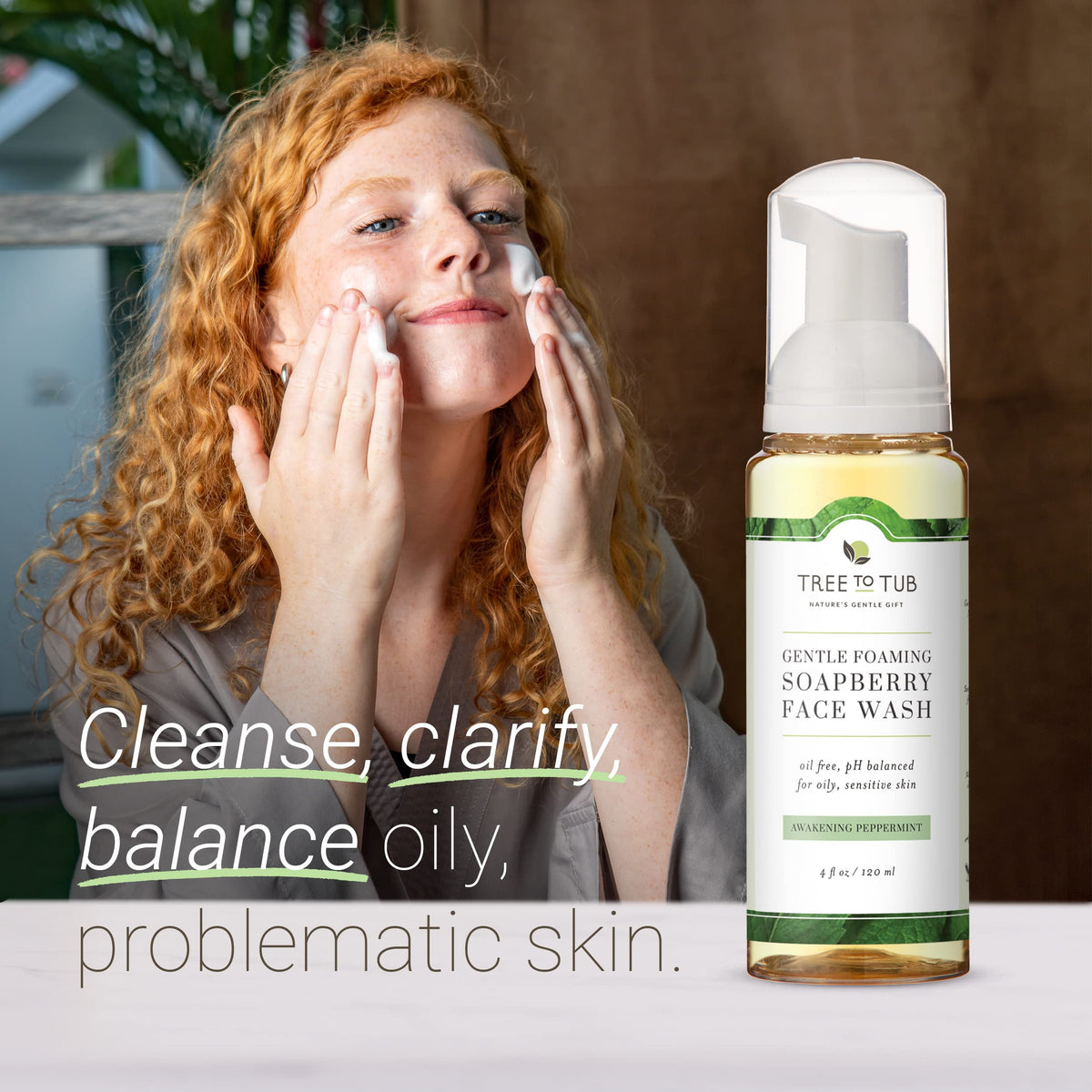 Tree To Tub sensitive face wash pump close-up highlighting creamy lather formula