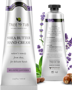 Tree To Tub Shea Butter Hand Cream bottle delivers non-greasy moisture for dry hands.