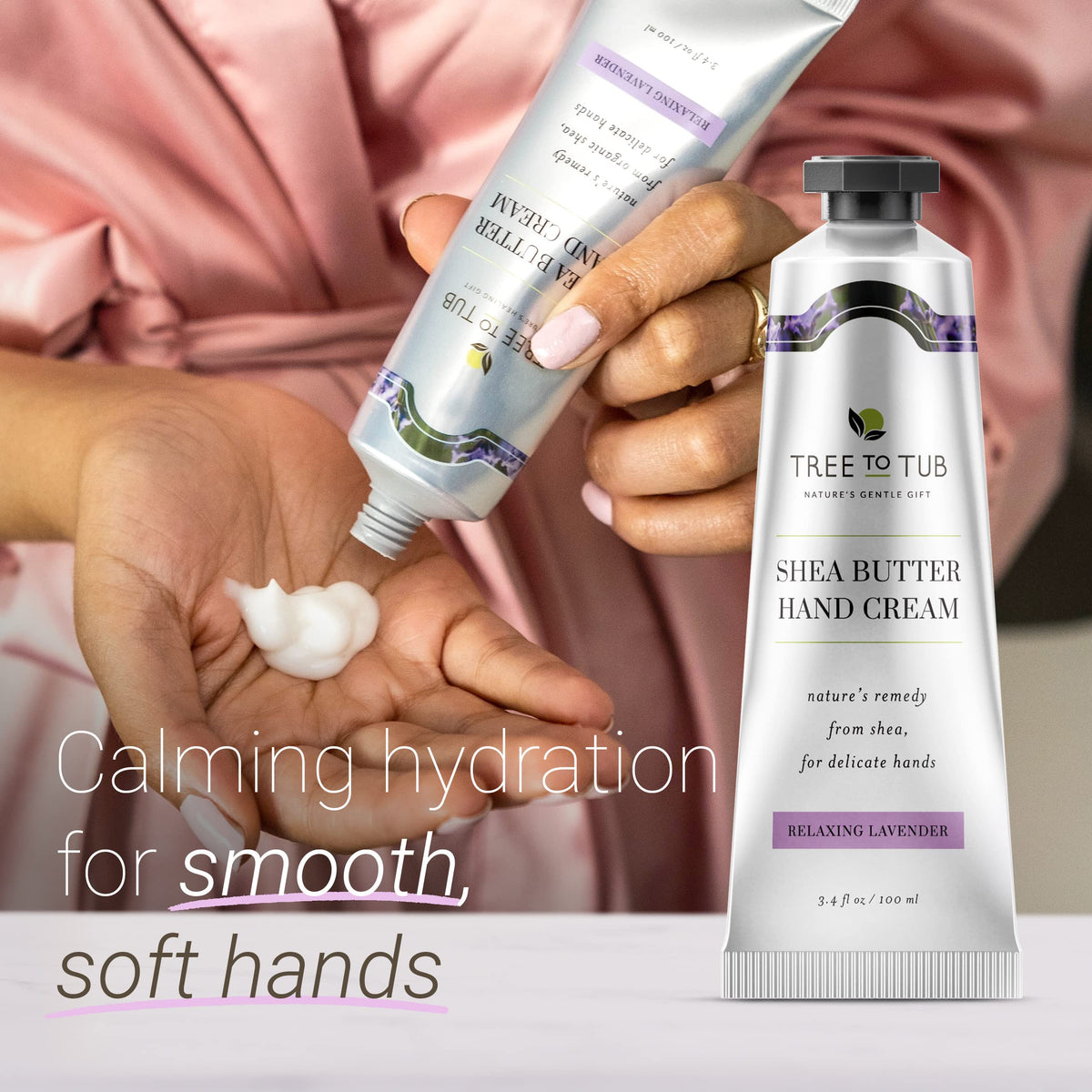 Texture close-up of Tree To Tub hand cream shows rich, fast-absorbing hydration.