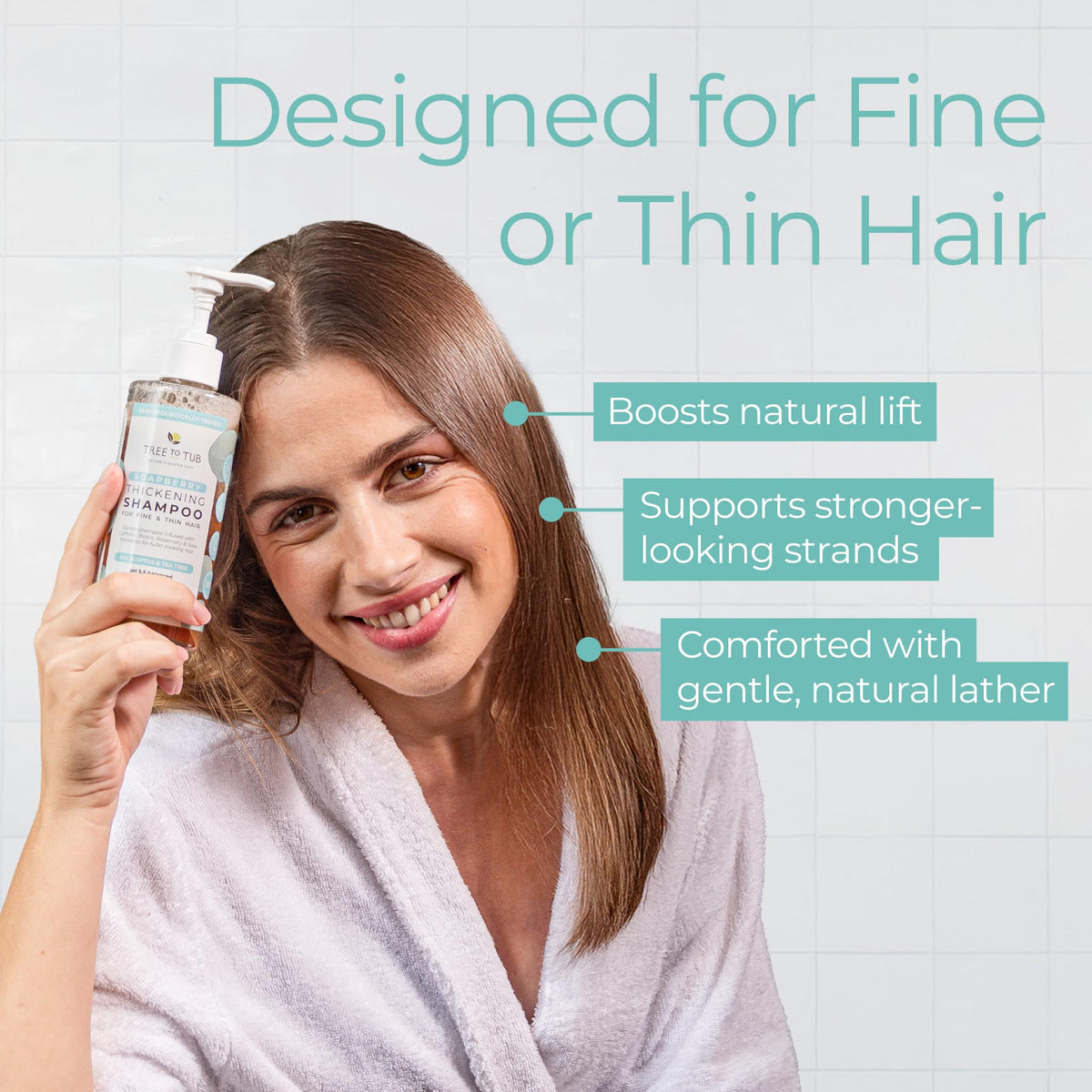Tree To Tub shampoo label features tea tree and aloe vera for scalp balance.