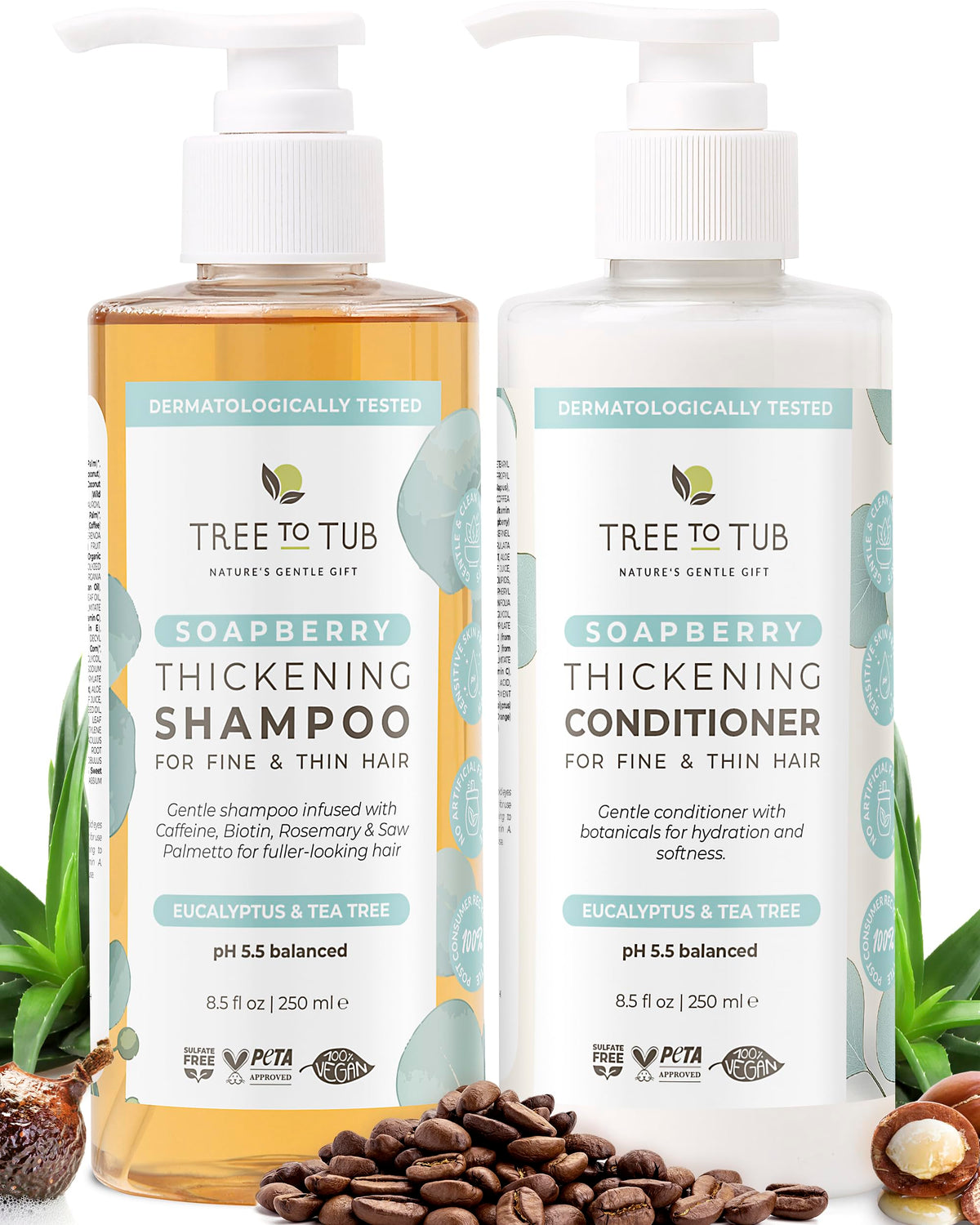 Tree To Tub volumizing biotin shampoo bottle shows caffeine boost for fuller hair