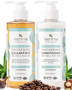 Tree To Tub volumizing biotin shampoo bottle shows caffeine boost for fuller hair