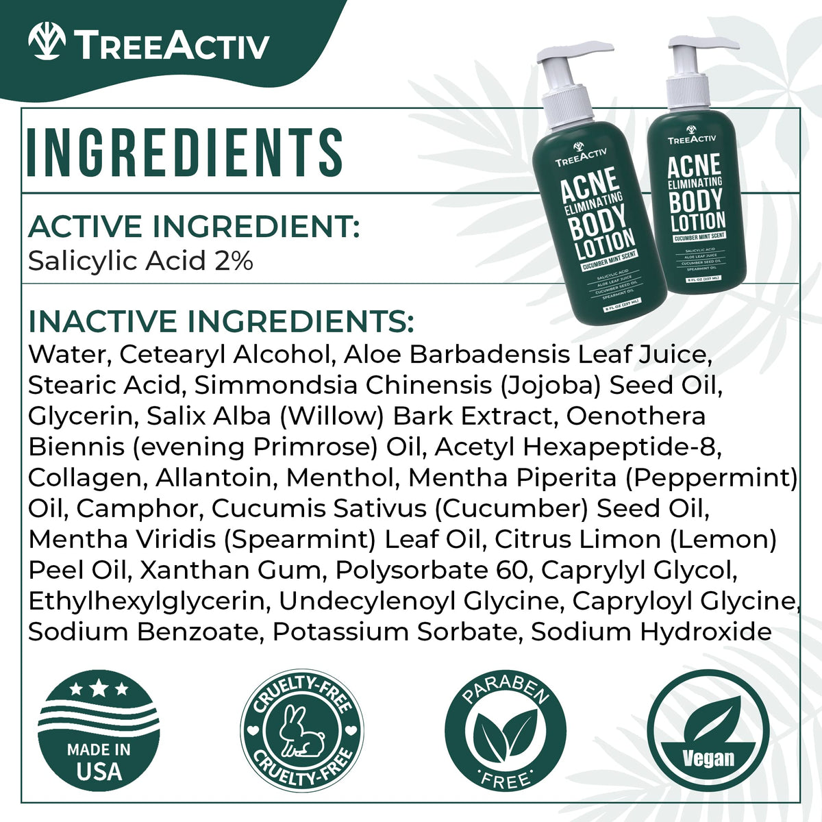 TreeActiv Acne Eliminating Body Lotion ingredients highlight tea tree oil for refreshing care