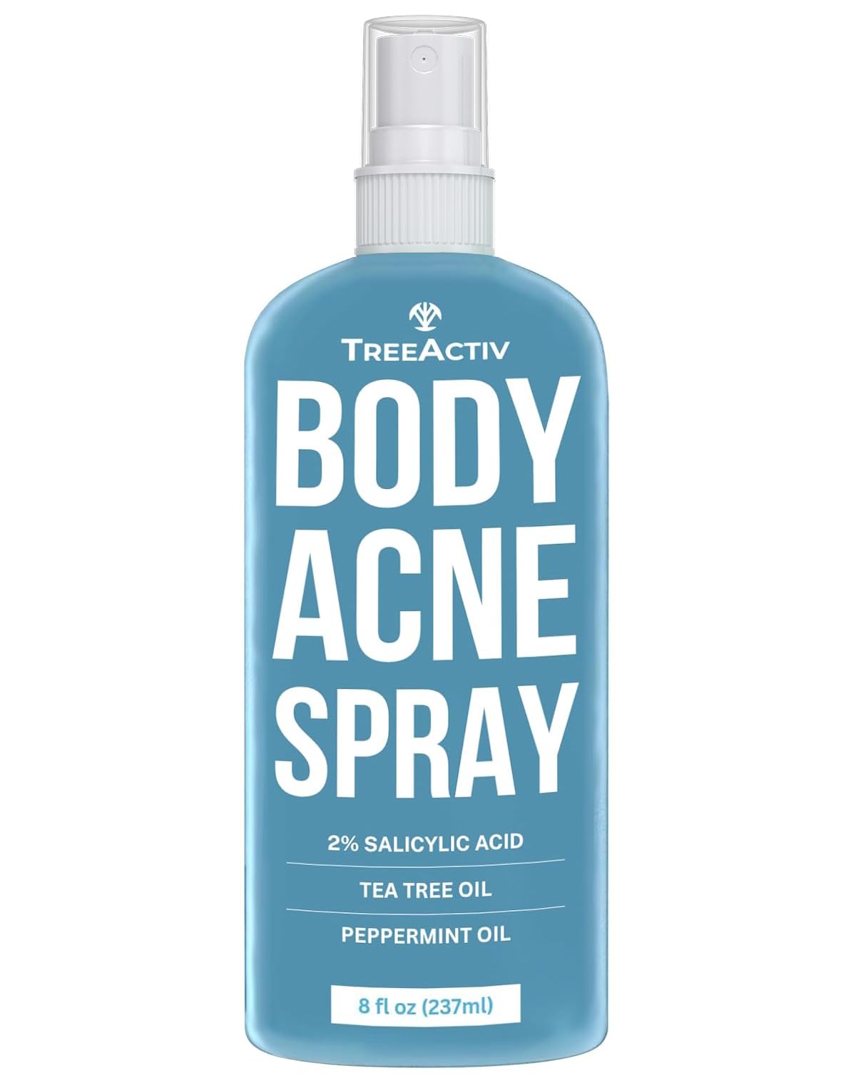 TreeActiv back acne spray bottle demonstrating broad-area coverage for back and shoulders.