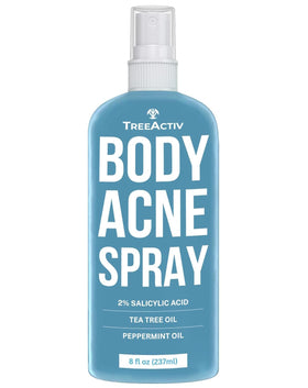 TreeActiv back acne spray bottle demonstrating broad-area coverage for back and shoulders.